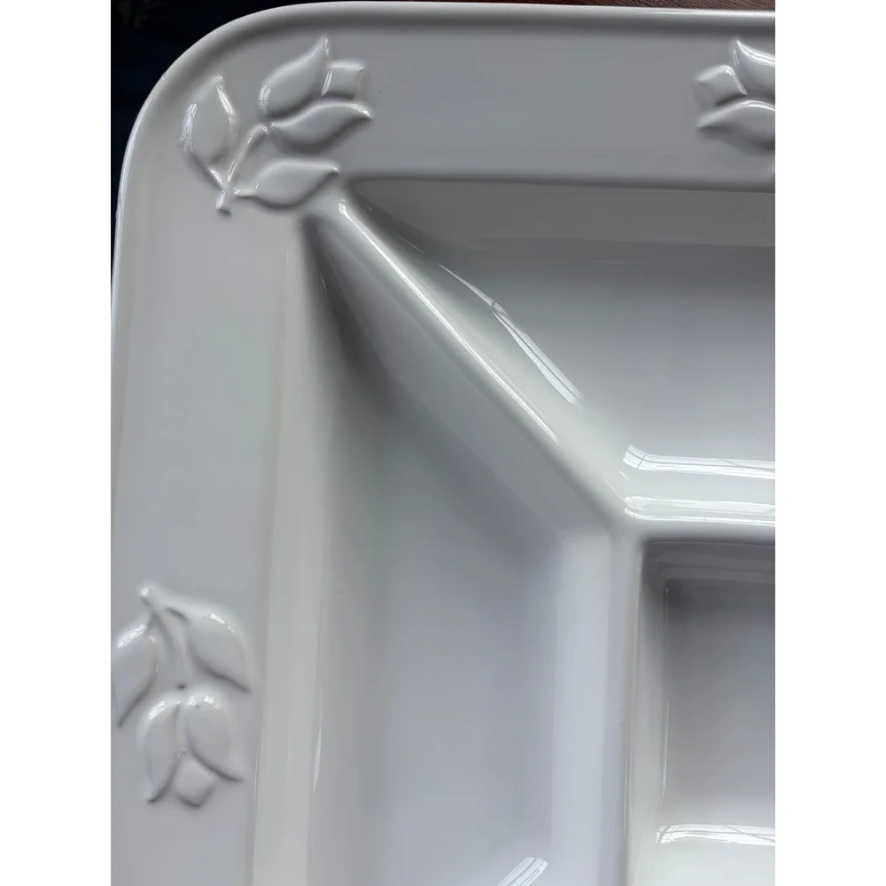 Vintage Portuguese White Ceramic Divided Serving Platter Embossed Leaf Tulip